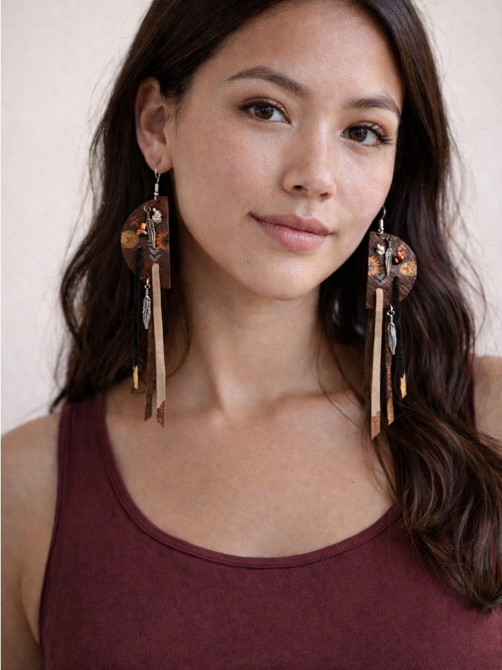 Boho Leather Fringe Statement Earrings in Brown - NWOT